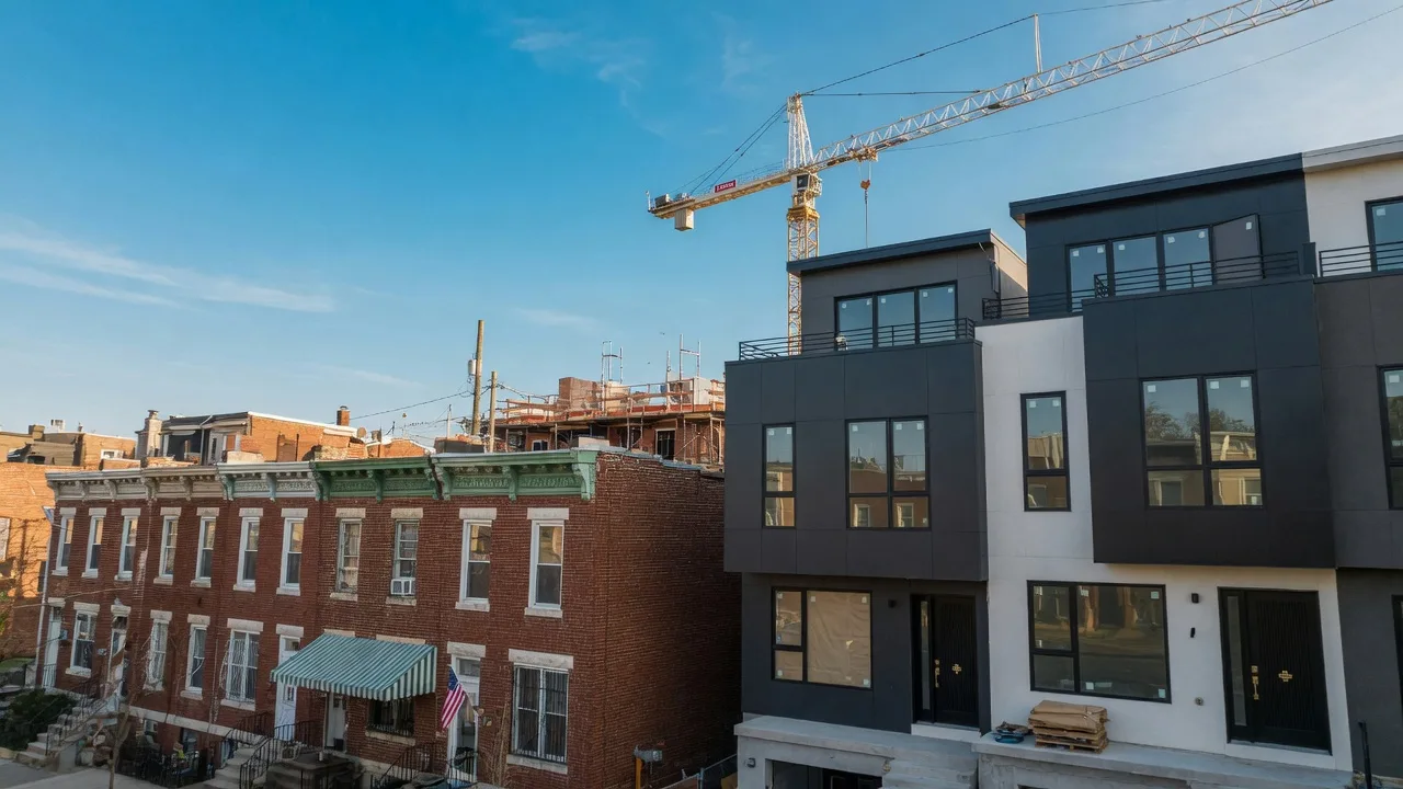 New construction townhomes alongside classic rowhomes in Point Breeze showing neighborhood transformation