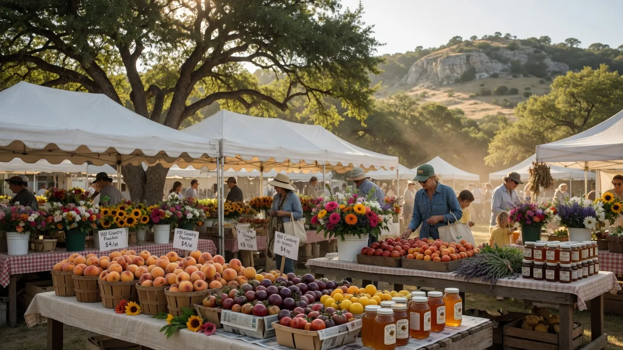Vibrant Texas Hill Country farmers market with fresh peaches, heirloom tomatoes, and flowers under white canopy tents on a Saturday morning