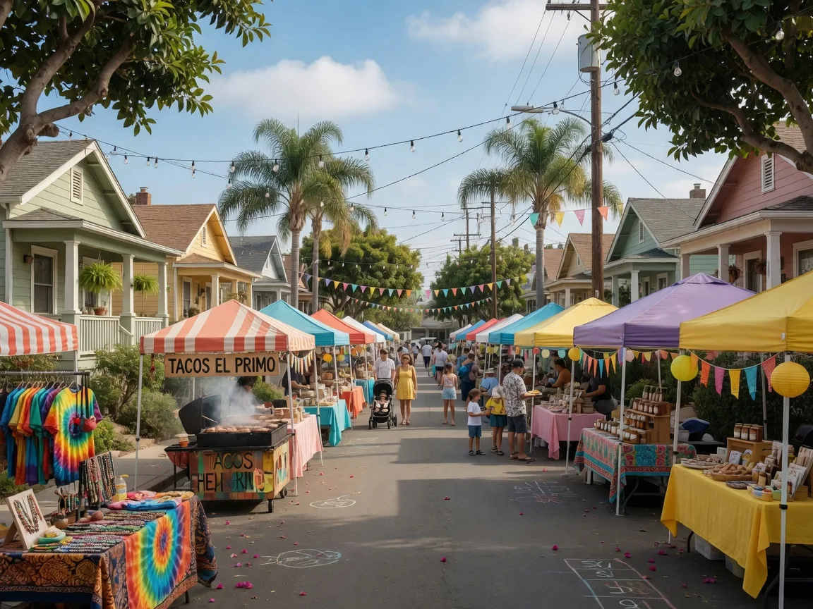 A sunny neighborhood street fair in a leafy San Diego community, vendor booths and food stalls with string lights above and craftsman homes lining the street