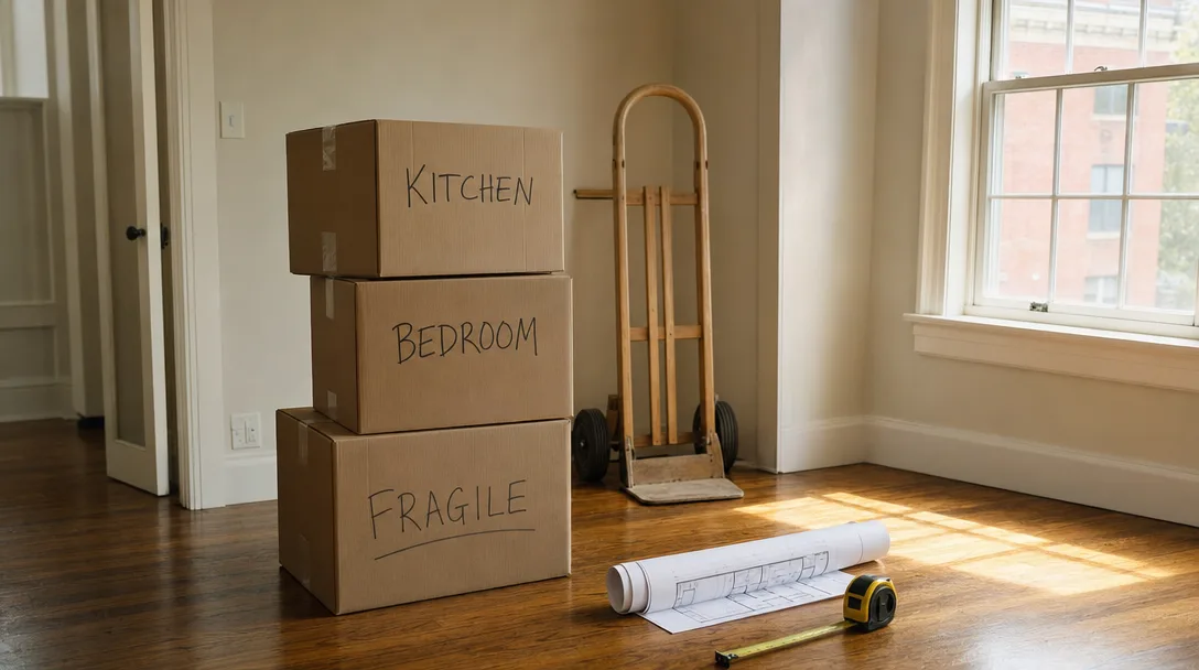 Moving boxes representing downsizing