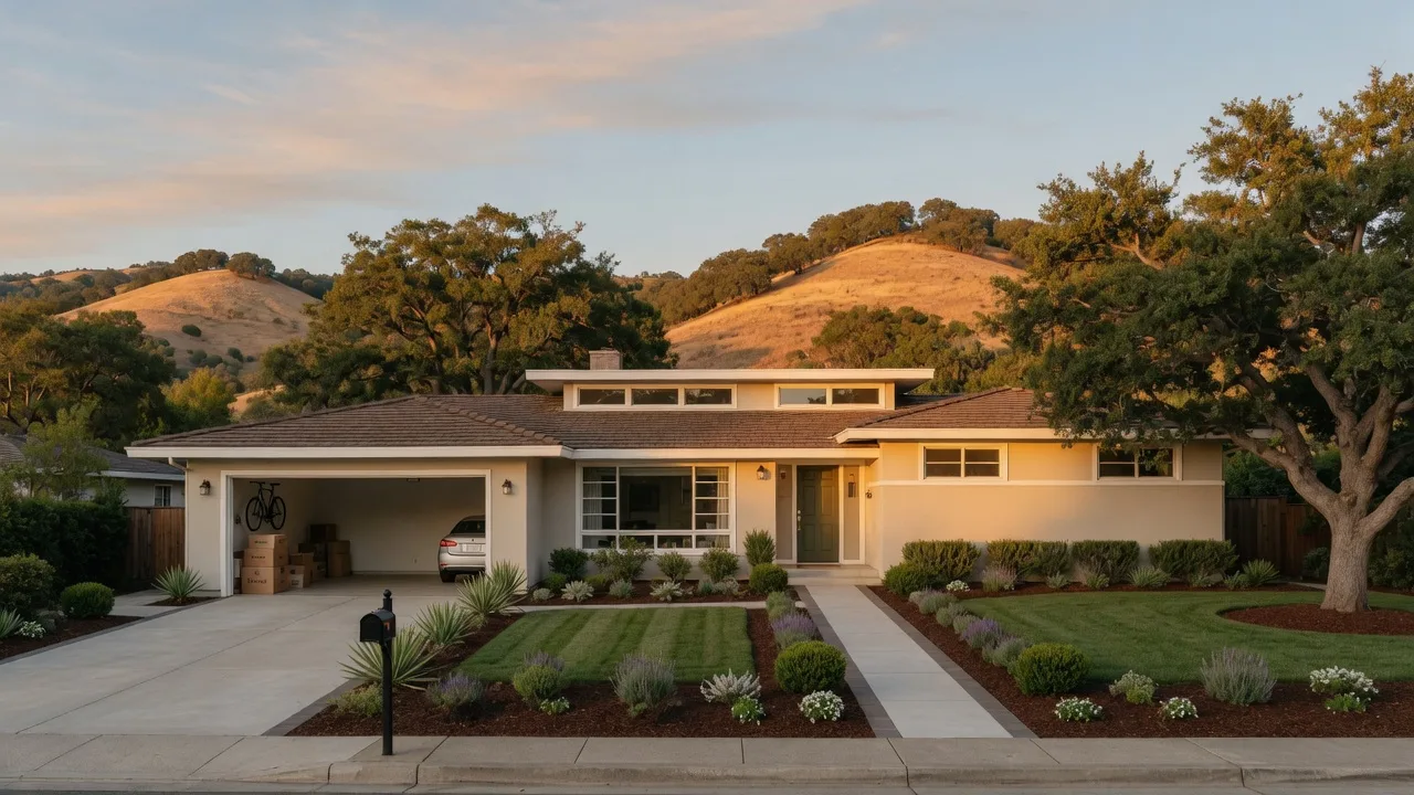 A classic mid-century California ranch home in the Castro Valley hills at golden hour with fresh paint, a clean walkway, and prepared landscaping