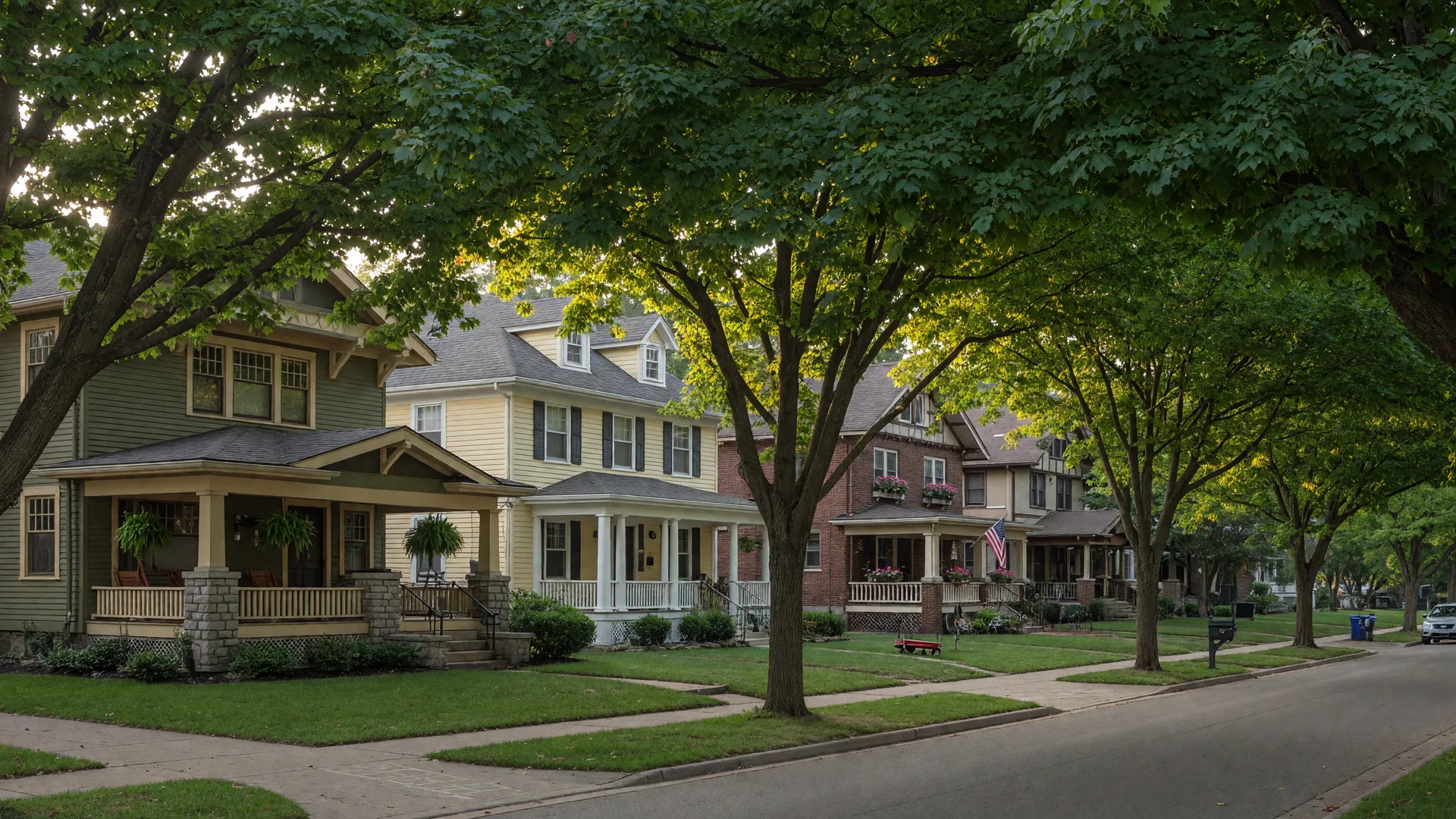 A tree-lined residential street in the Burns Park neighborhood of Ann Arbor with early 20th century homes and front porches