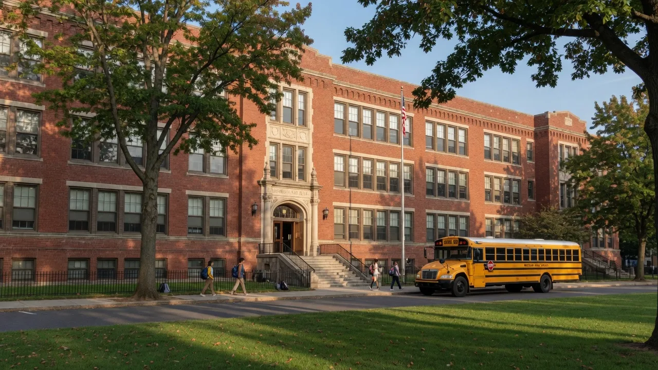 A classic red-brick Montclair public school on a bright September morning with a yellow school bus at the curb as students return for the new year