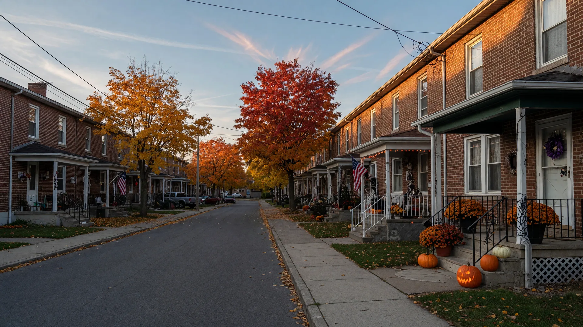 Brick twin homes on a North Catasauqua street in mid-October with golden maples, pumpkins on the porches, and early Halloween decorations in the late-afternoon light