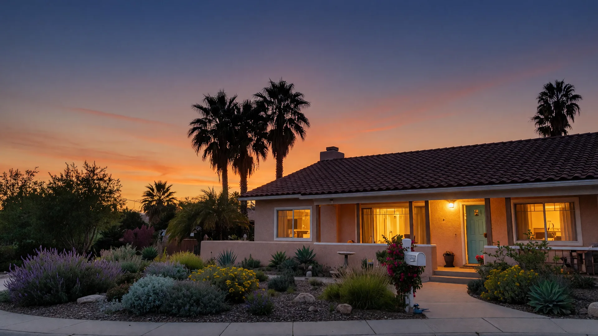 Southern California home at dusk with warm window light, tile roof, and palm trees against a twilight sky
