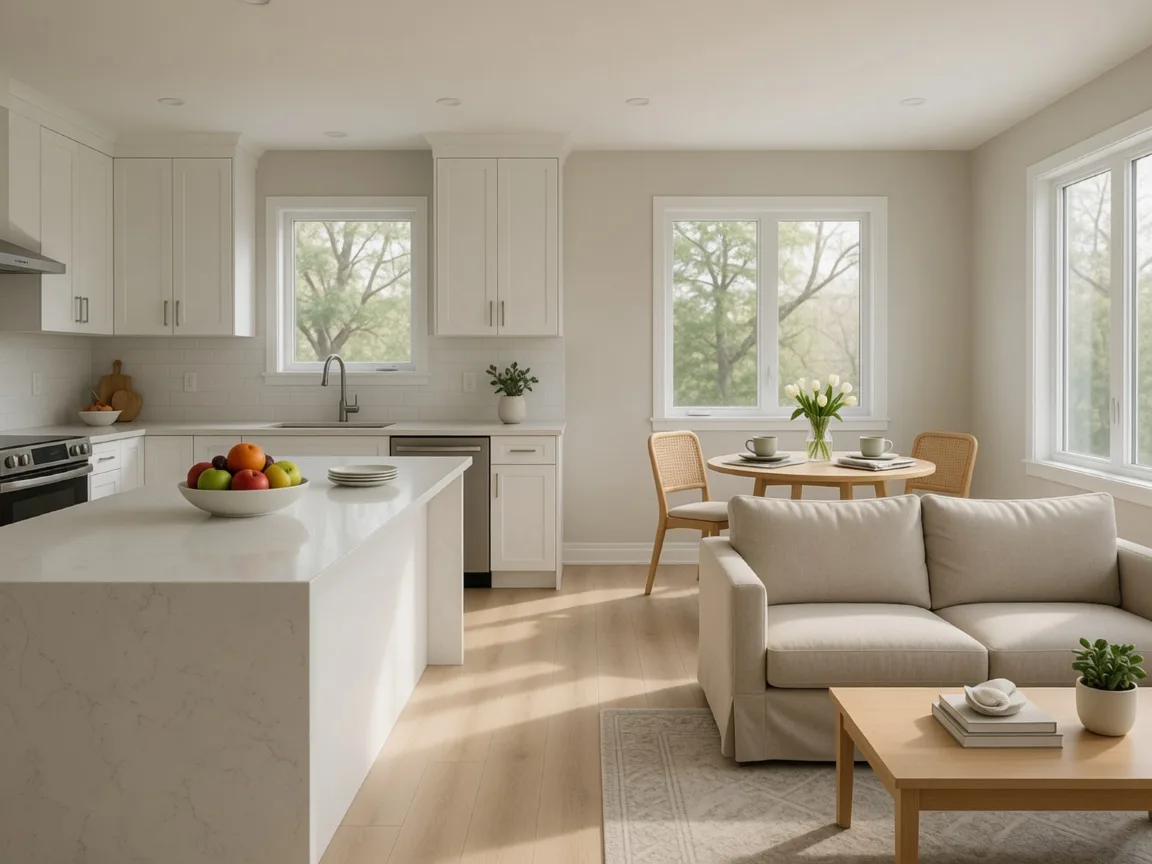 A bright, freshly staged open-concept living room and kitchen in a Durham Region family home, with white cabinetry, a quartz island, and soft morning light, depersonalized and ready to show
