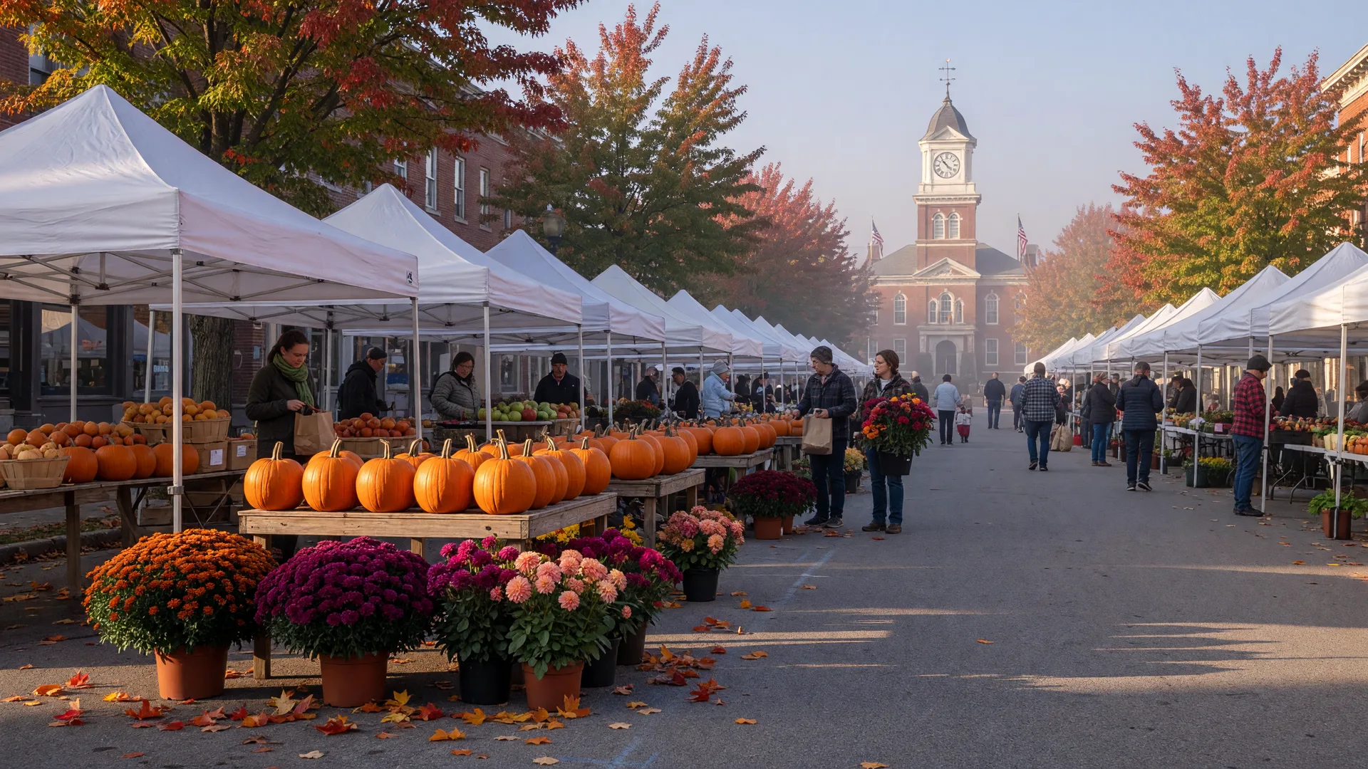 Crisp October morning light on a small-town Pennsylvania market square, with white market tents, pumpkins, and fallen maple leaves on the street