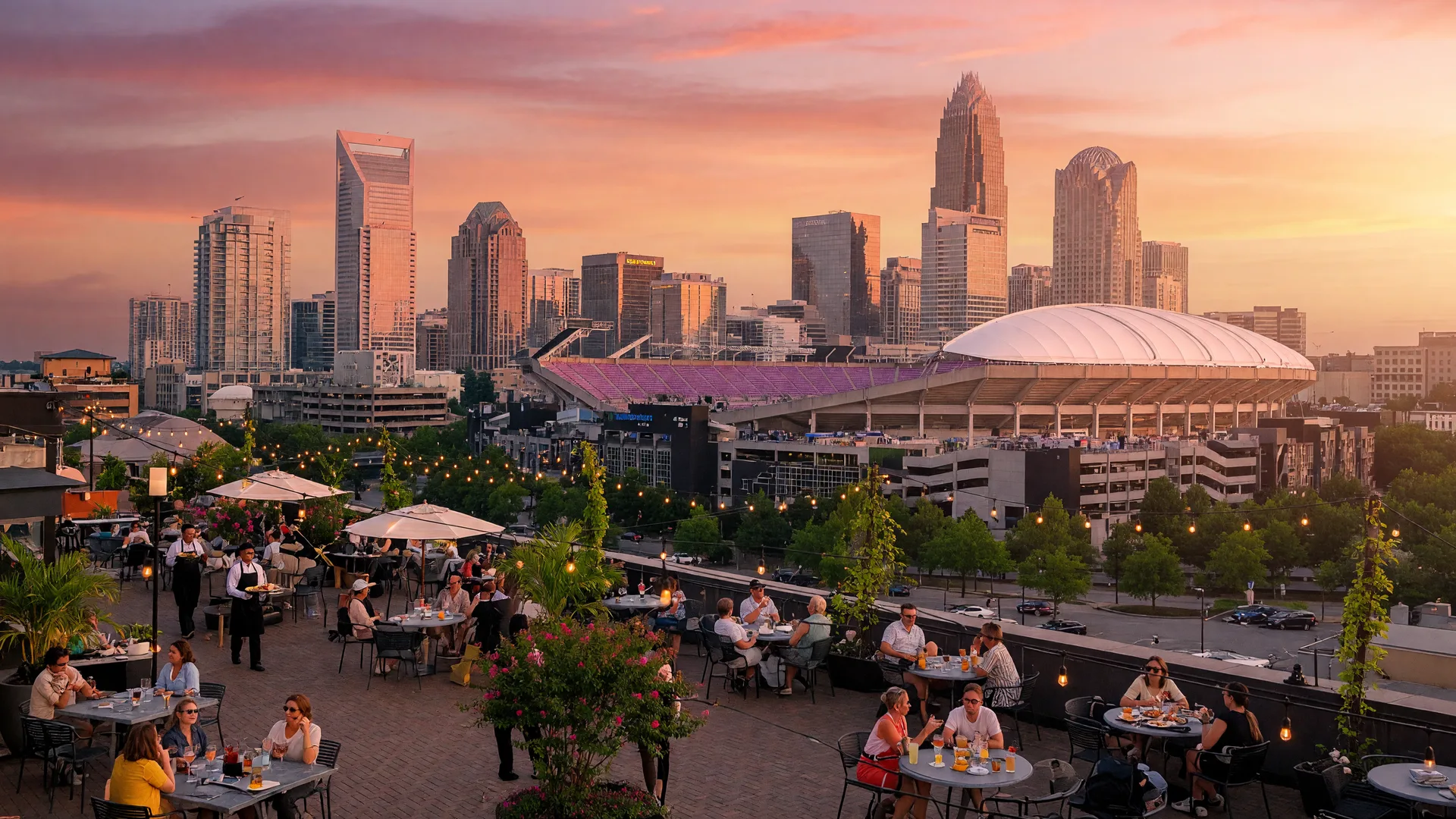 Summer evening in Charlotte North Carolina Uptown skyline at golden hour with Bank of America Stadium and outdoor patios