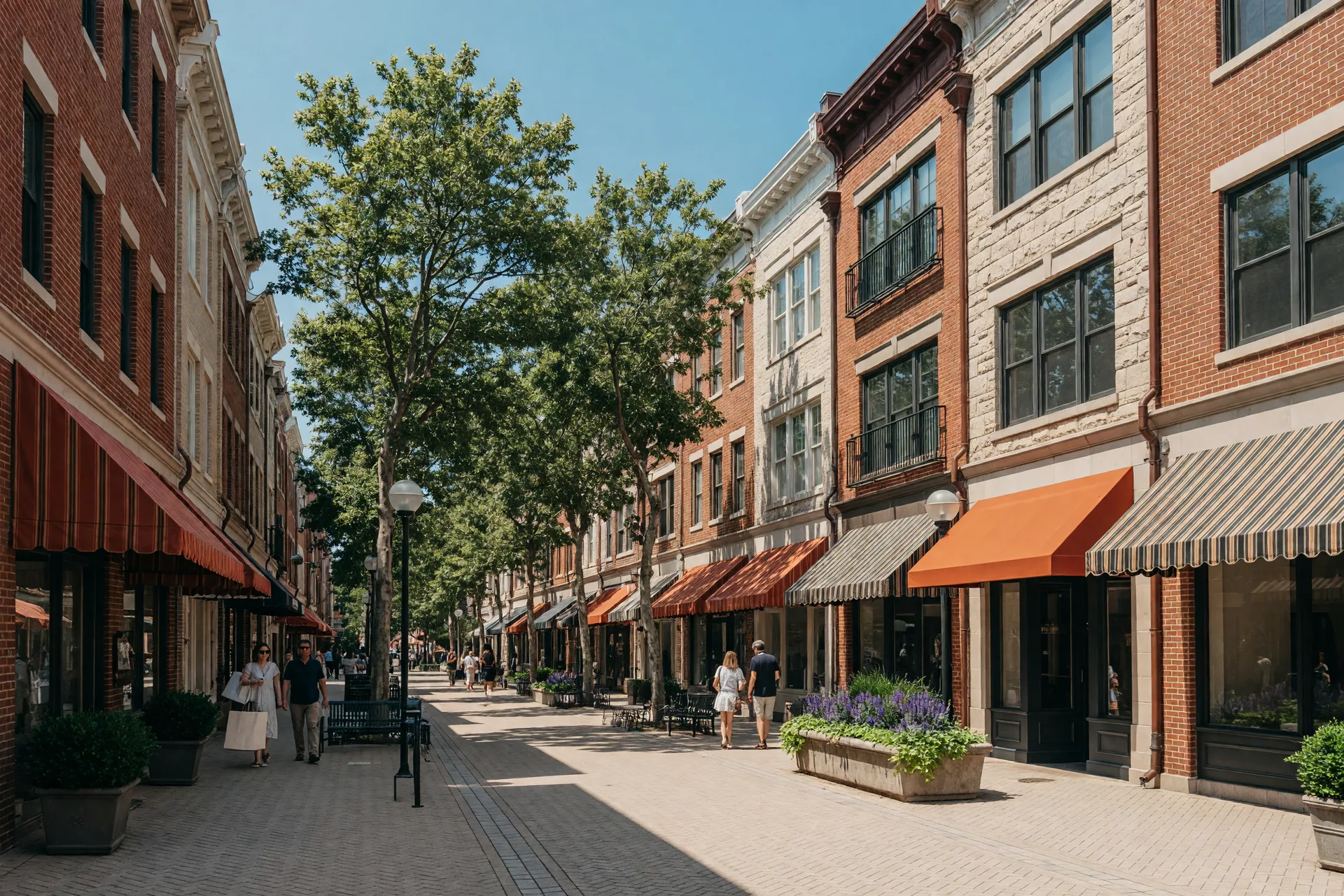 Bethesda Row shopping and dining district in bright daylight in Bethesda, Maryland