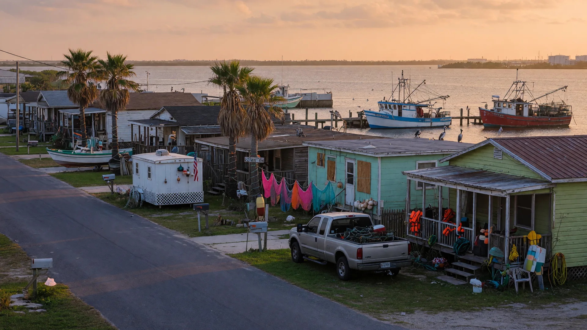A Texas Gulf Coast neighborhood with beach houses and palm trees
