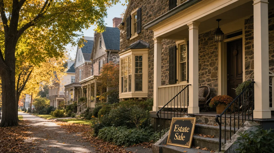 Historic Pennsylvania stone home with estate sale sign in autumn