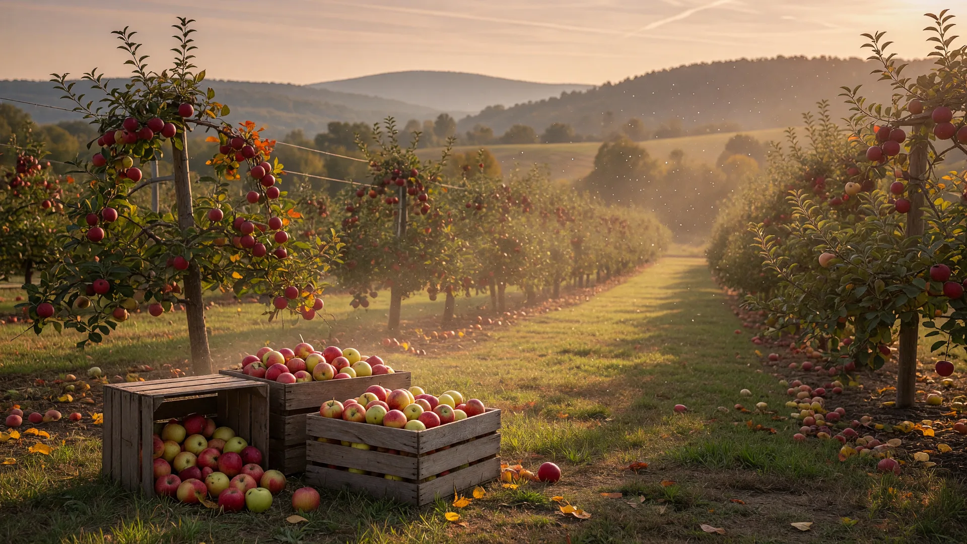 Rows of apple trees heavy with fruit in a Northern New Jersey orchard at golden hour in early September