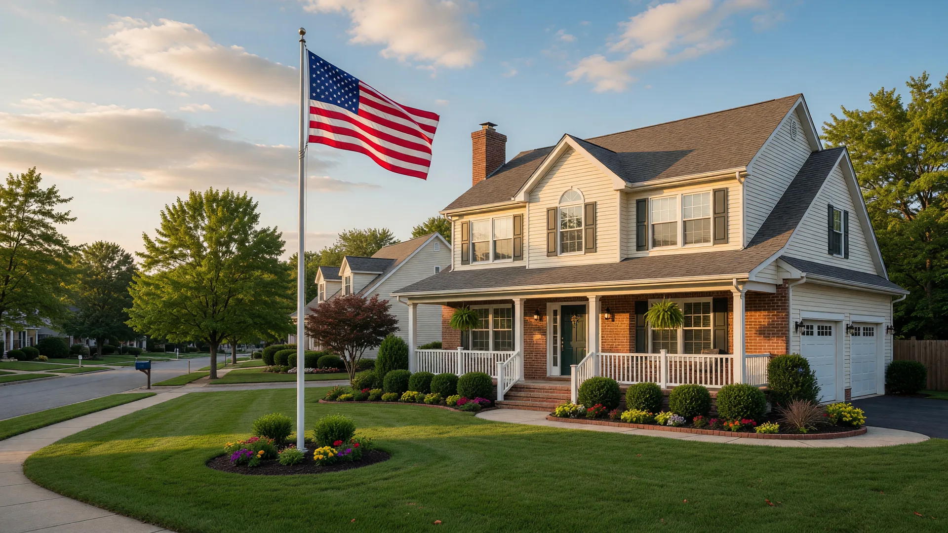 A two-story suburban home with an American flag flying on a front-yard flagpole in warm late-afternoon light