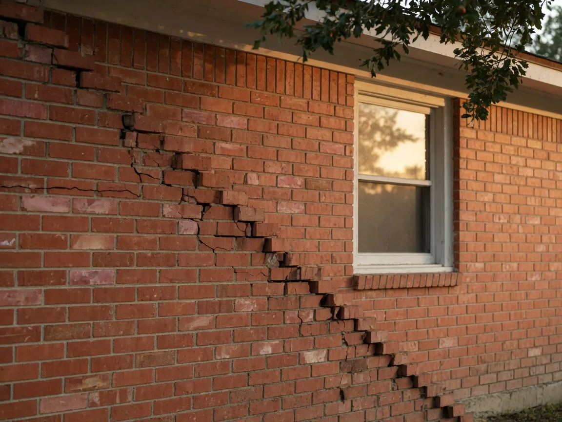 A stair-step crack running through the red brick veneer of a Texas ranch home in San Antonio, the kind of exterior sign a foundation inspection documents