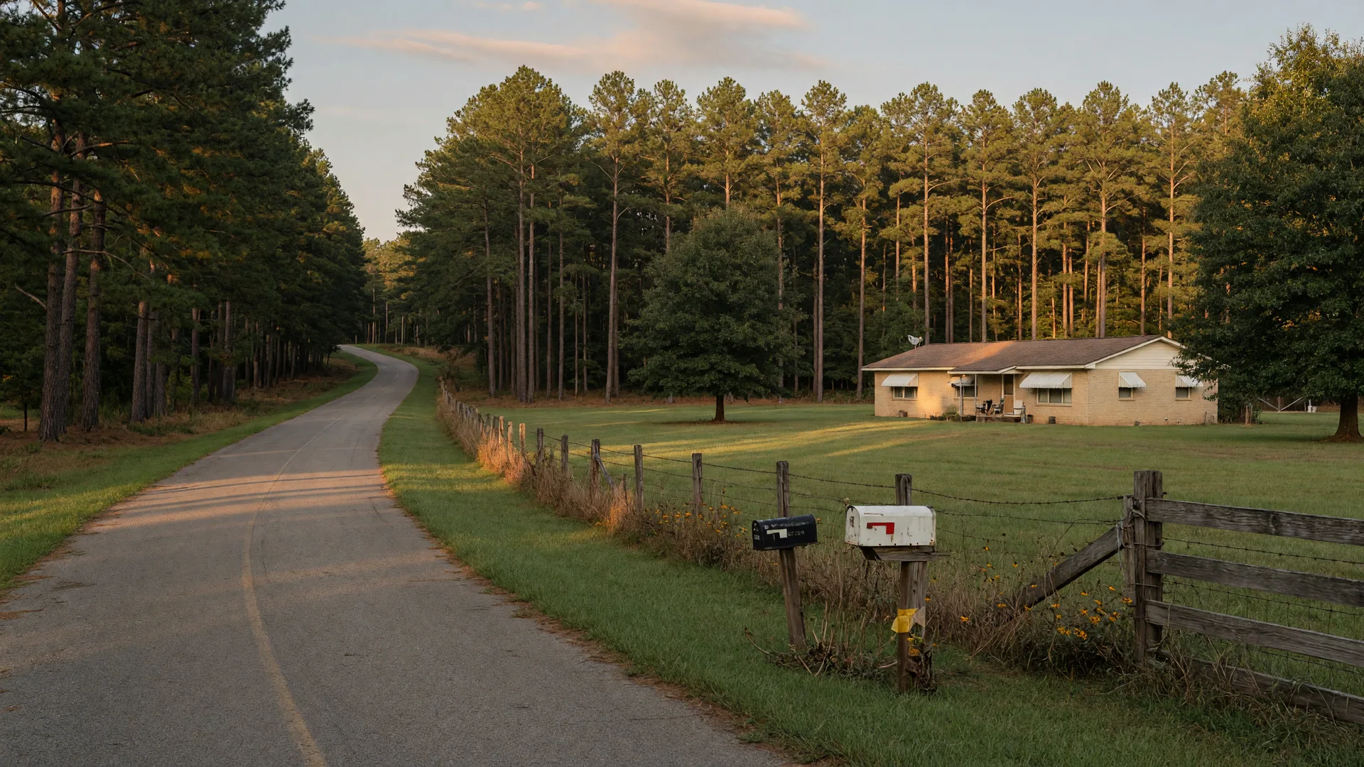 A quiet country road winding through tall pine trees in the East Texas countryside near Huffman and Dayton, with a single-story ranch home set back on a large grassy lot at golden hour