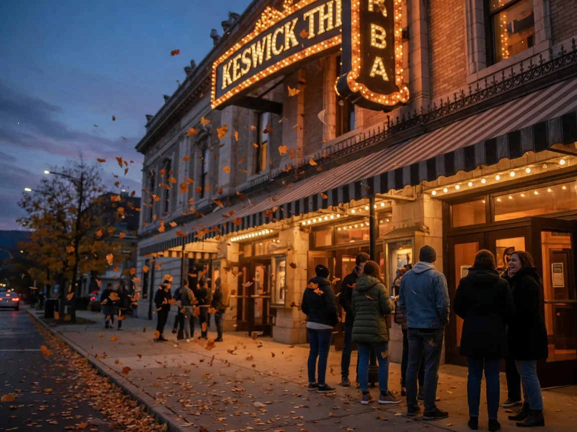 The Keswick Theatre marquee glowing warm on an October night through falling autumn leaves, distant figures in jackets queuing beneath the canopy under a deep blue-hour sky