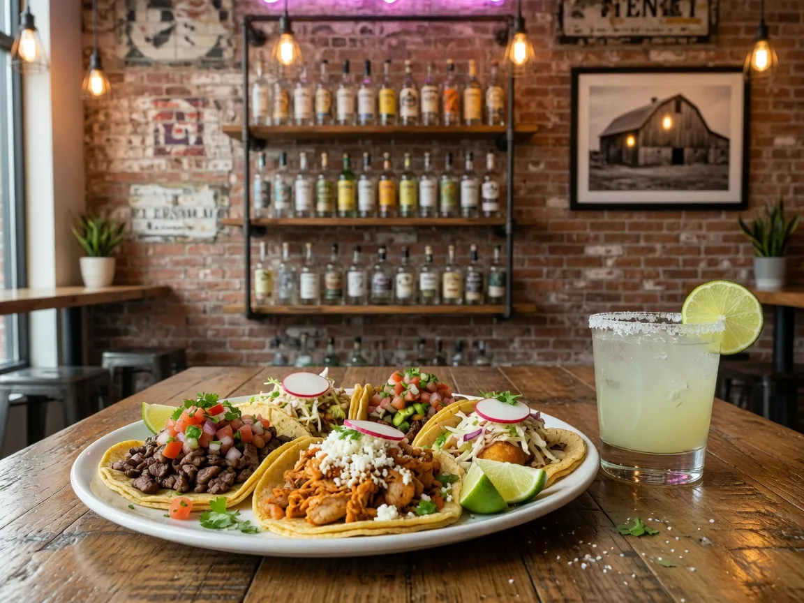 A platter of colorful street tacos on corn tortillas with fresh pico de gallo and lime wedges beside a salt-rimmed margarita on a rustic wooden table at Agave and Rye in Centerville Ohio, warm pendant lighting and exposed brick softly blurred behind