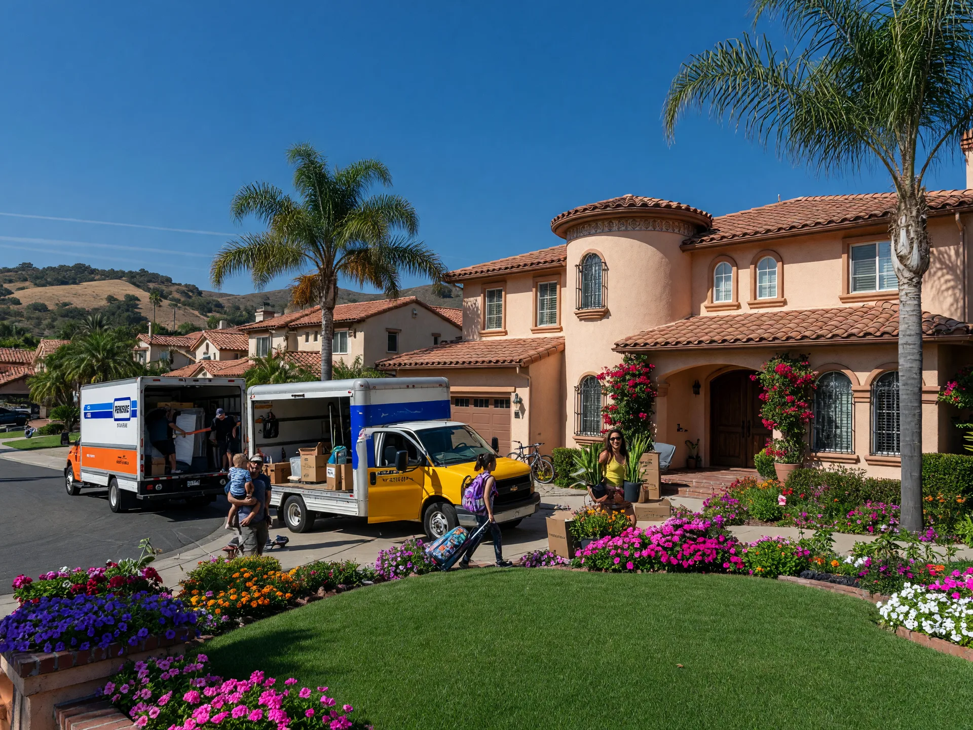 A moving truck parked in front of a beautiful Spanish-style home in a sunny Murrieta neighborhood with palm trees and blue sky