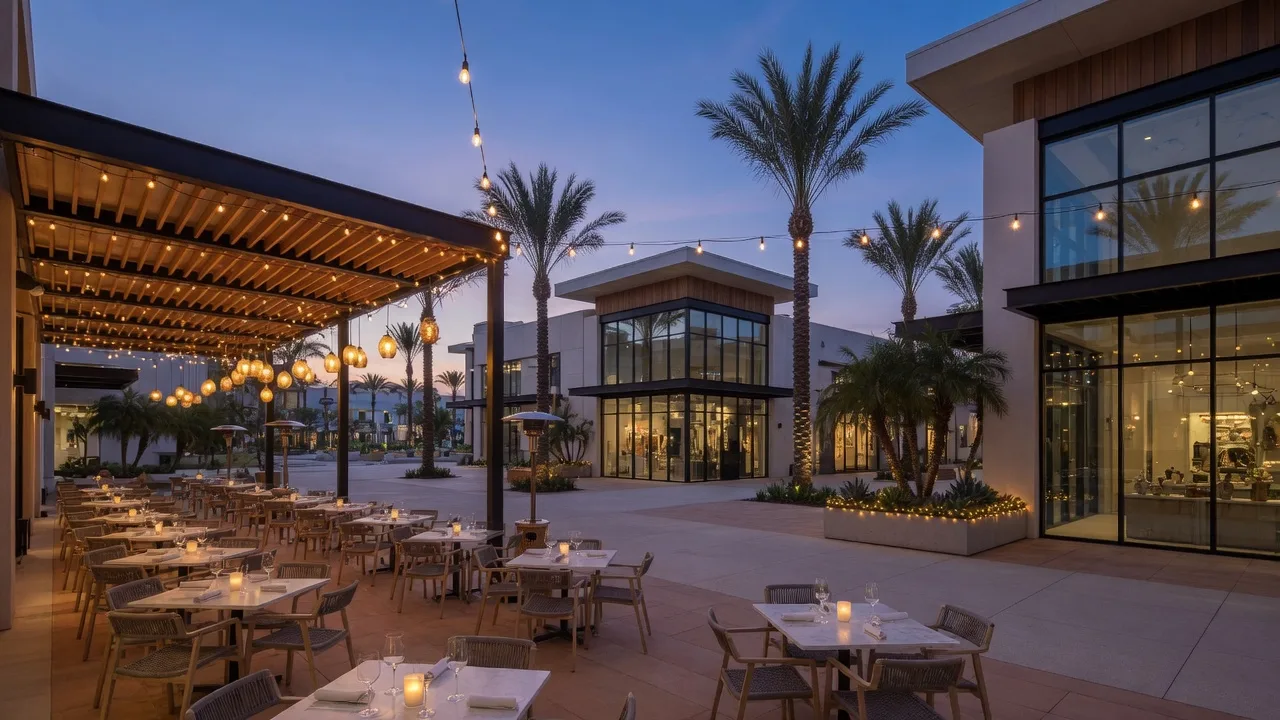 A modern Southern California shopping and dining plaza at dusk with warm string lights, outdoor tables and palm trees