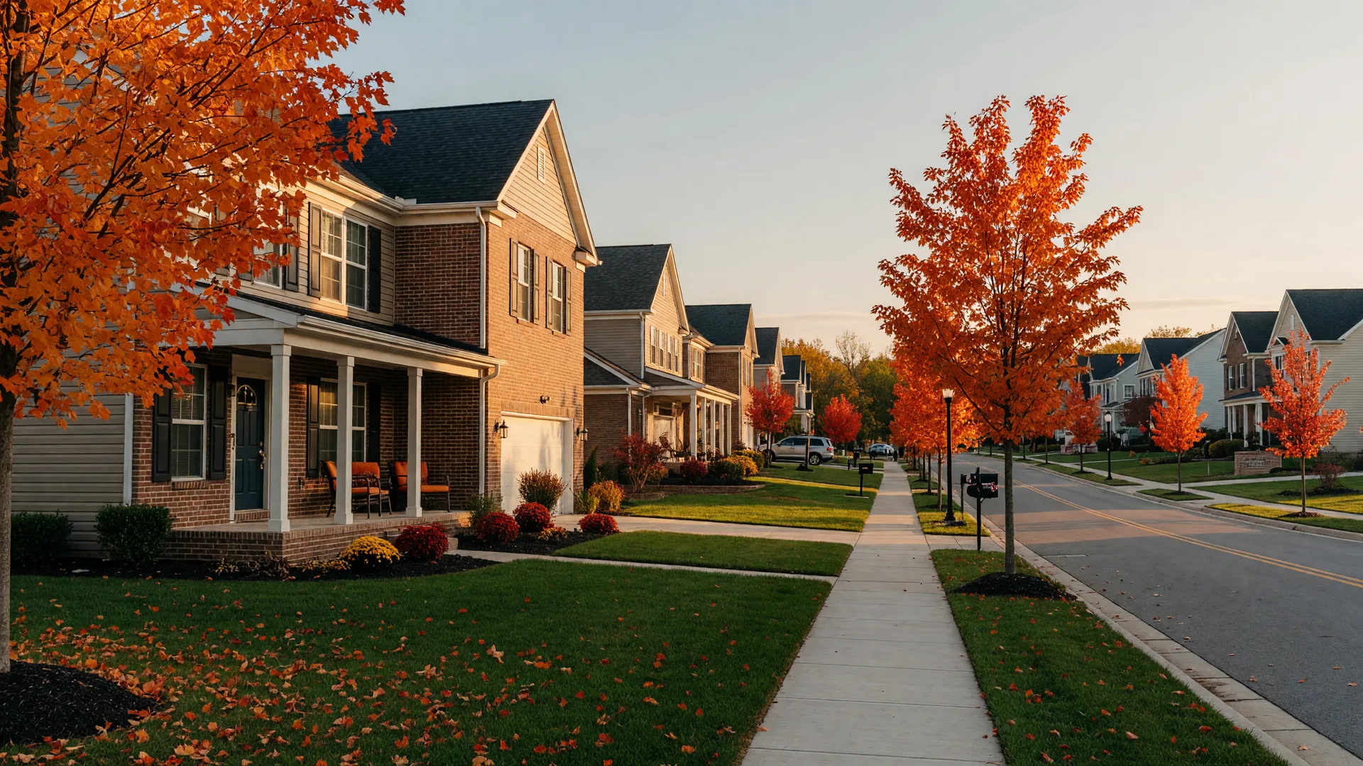 A modern two-story brick home with a covered porch in a master-planned Mason, Ohio neighborhood framed by orange maple trees in golden autumn light