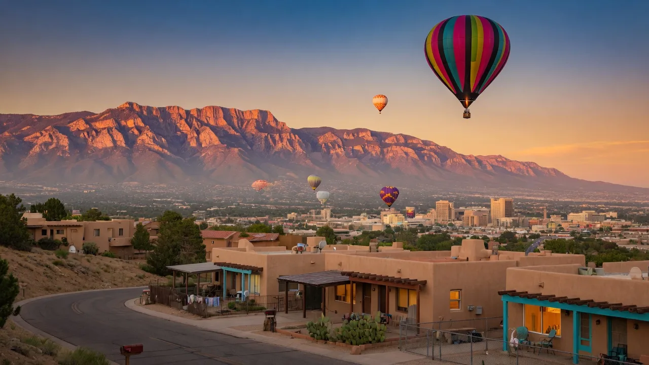 Southwestern stucco homes in the Albuquerque foothills at golden hour with the Sandia Mountains glowing behind them and hot air balloons drifting in the sky