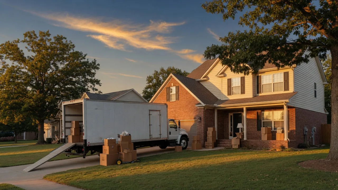 A Tulsa-area family home at golden hour with a moving truck in the driveway, ready for a move-up