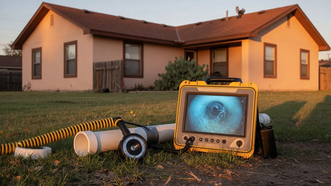 A sewer scope camera head and coiled cable at a home's cleanout in a San Antonio side yard at golden hour, the buried sewer line a sewer scope inspection in San Antonio documents for home buyers
