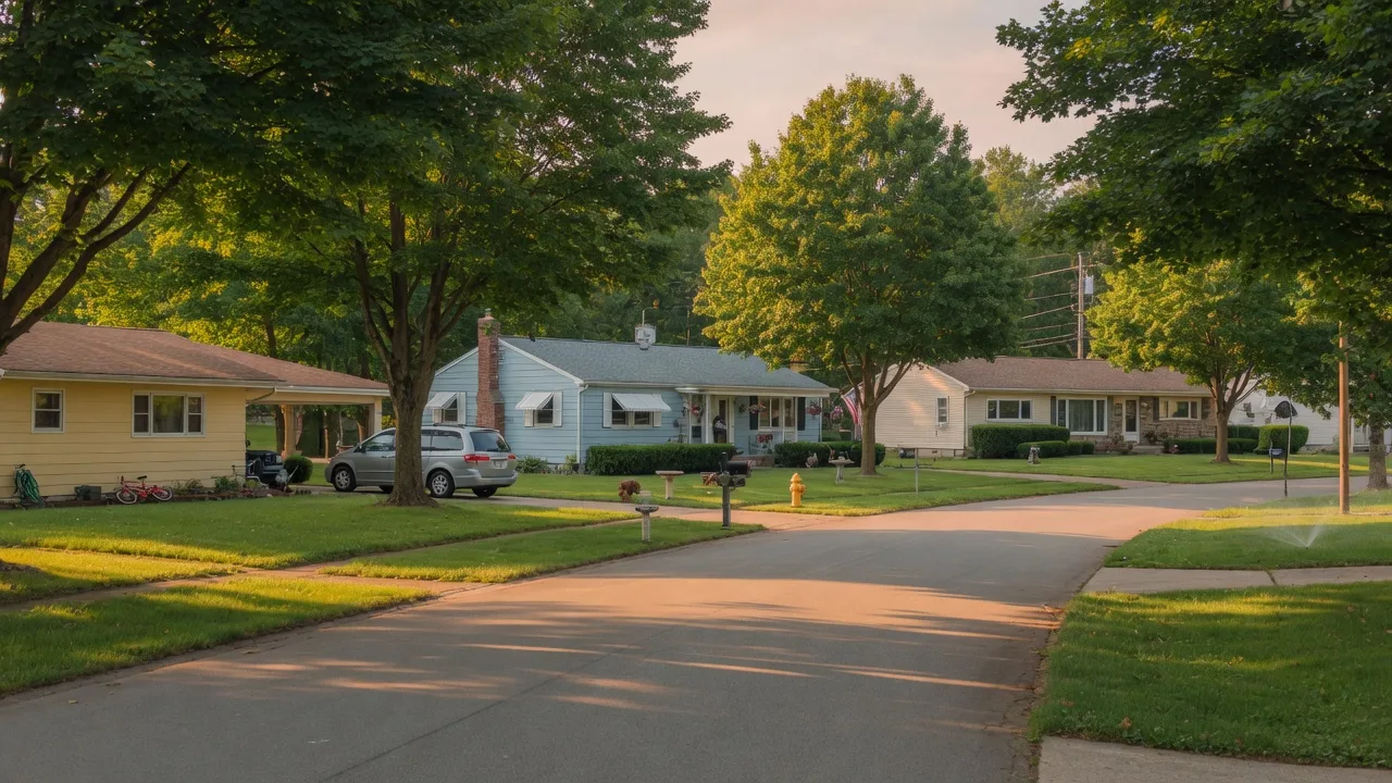 Quiet residential street in Brook Park, Ohio with well-maintained mid-century homes and mature shade trees on a sunny summer afternoon