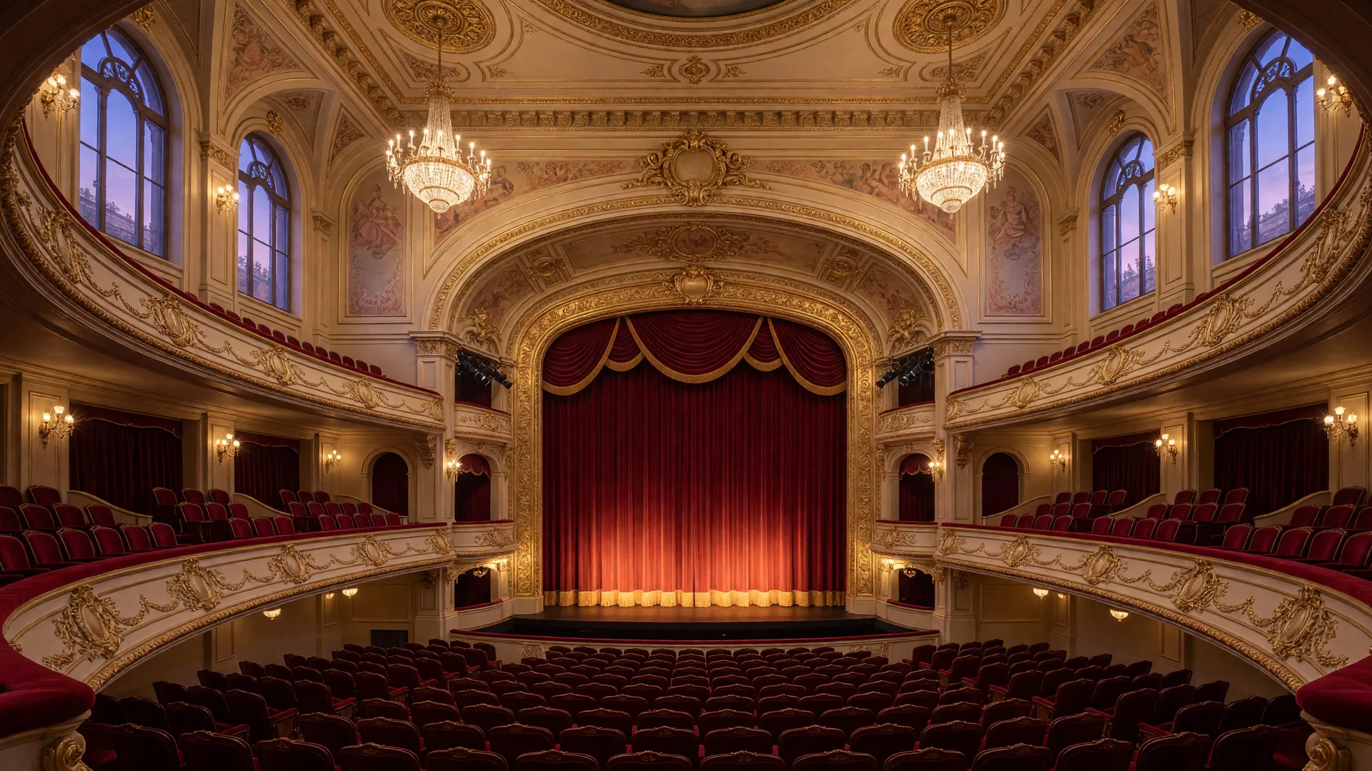 The elegant interior of a grand Mediterranean-inspired performing arts theater at dusk, with warm cream and gold walls, curved balconies, red velvet seats, and amber stage light glowing beneath crystal chandeliers