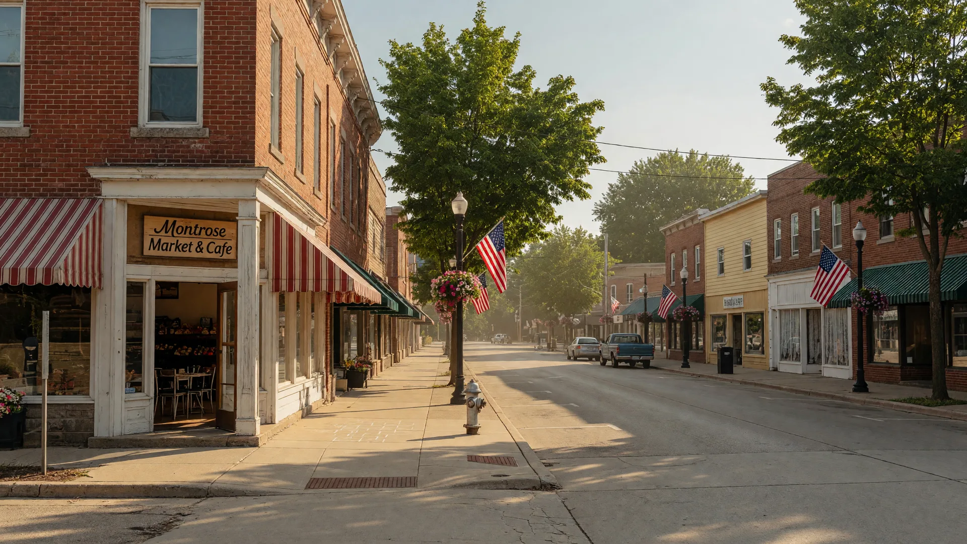 The small-town main street of Montrose, Michigan with modest brick and wood storefronts, American flags on lampposts, and mature trees on a sunny afternoon
