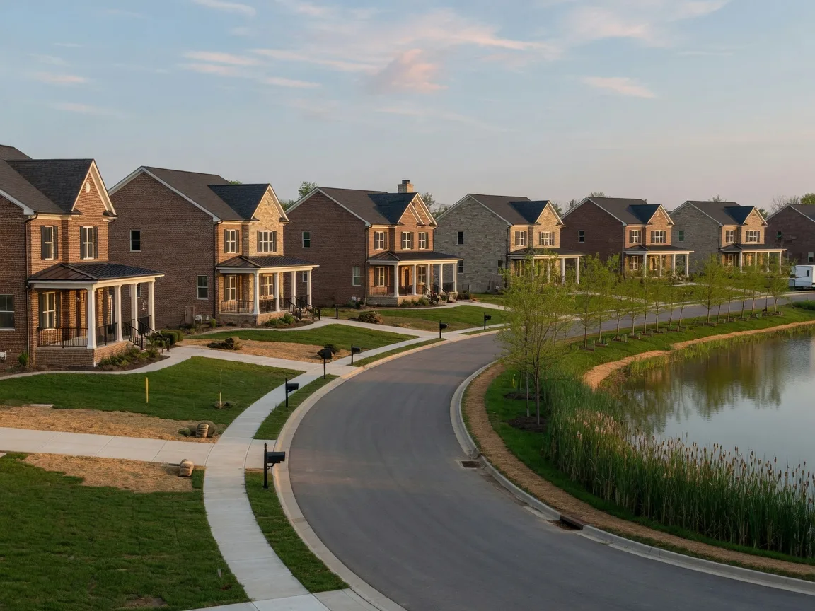 A row of upscale new brick and stone homes on a fresh cul-de-sac beside a calm pond and greenbelt in South Warren County