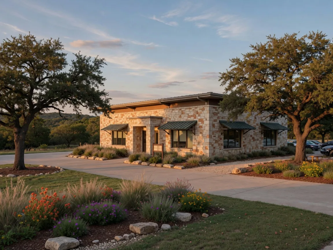 Texas Hill Country medical clinic with limestone facade and native landscaping near Boerne