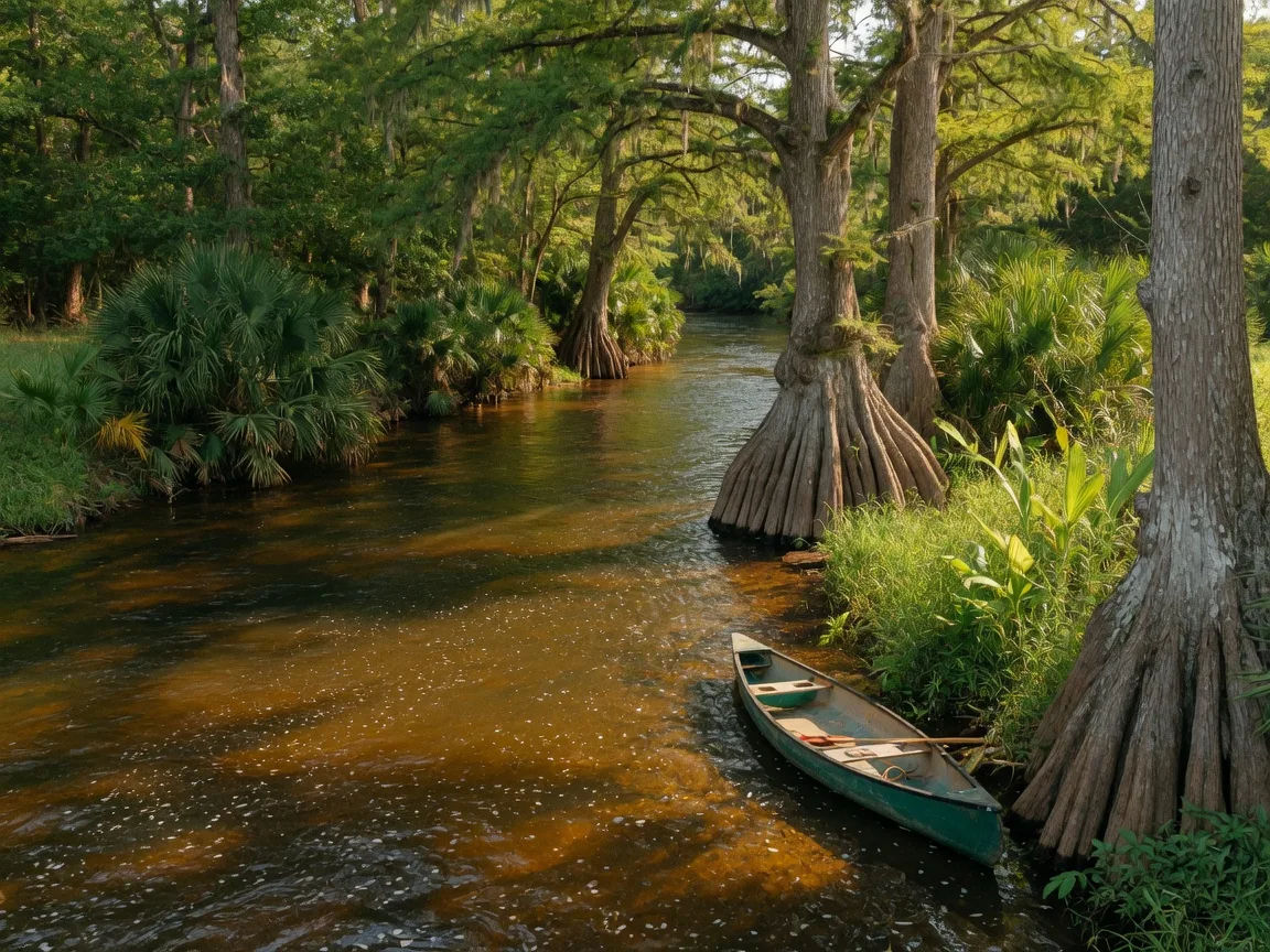 Clear tea-colored San Marcos River flowing past flared bald cypress trunks and dwarf palmettos at Palmetto State Park