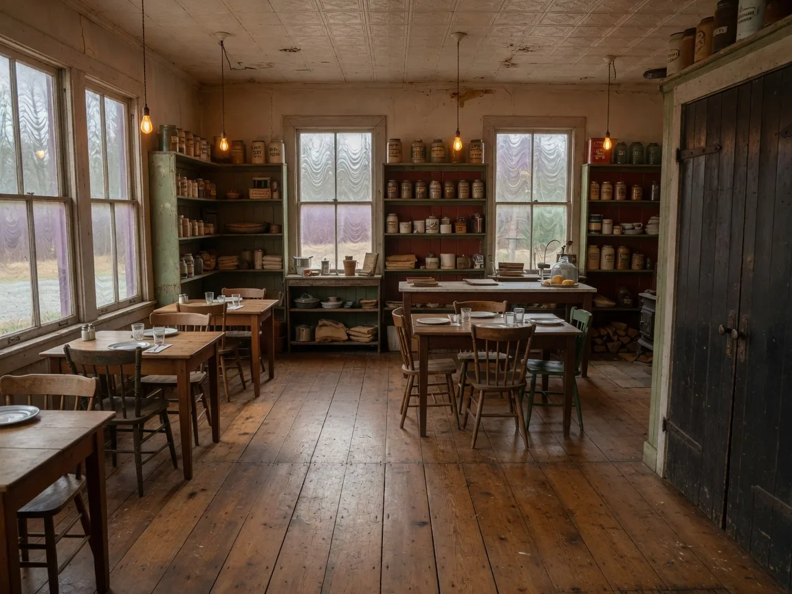 The warm interior of Cul's Courthouse Grille with heart-pine floors, original wooden doors, wavy glass windows, and rustic tables