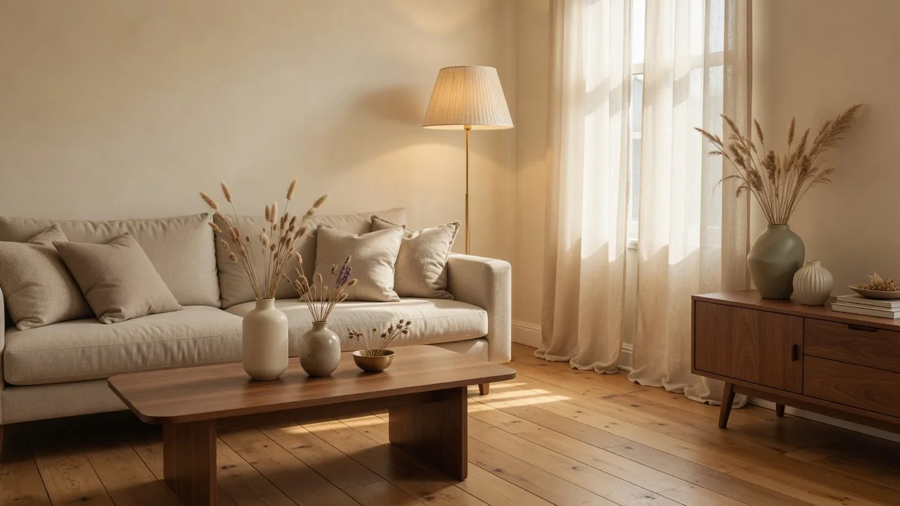 A serene, sunlit living room in a beautifully downsized home with linen sofa and warm wood tones