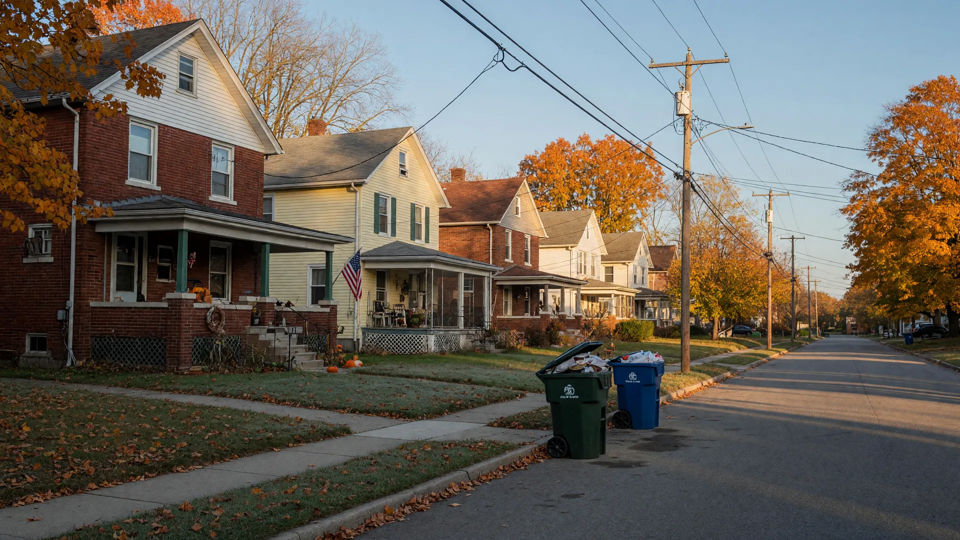 A quiet residential street in a Dayton, Ohio suburb on a crisp October morning with brick and siding homes under maples turning orange and gold, utility poles along the street and a trash cart with a recycling bin at the curb