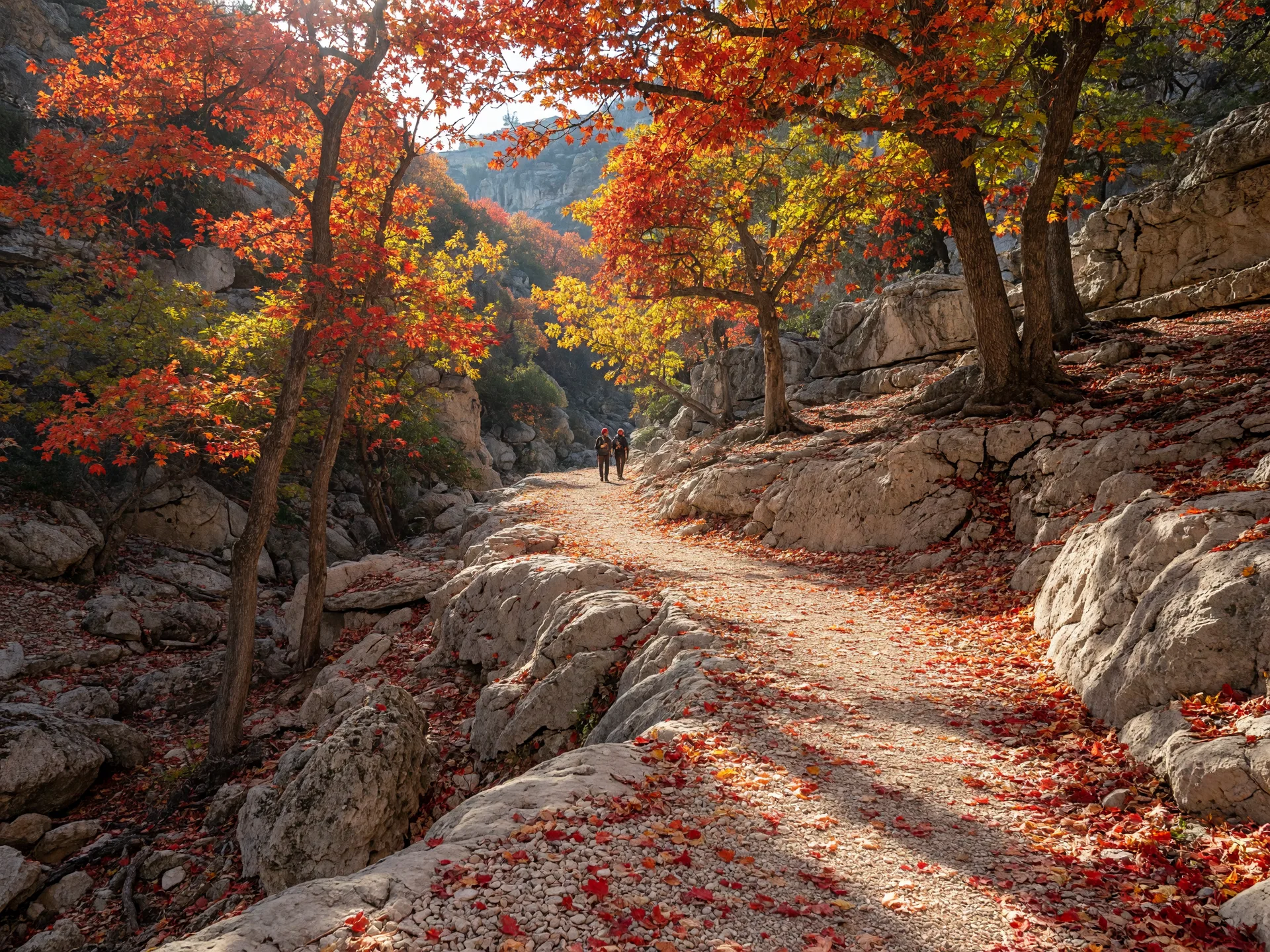 A limestone hiking trail winding through bigtooth maple trees in peak autumn color at Lost Maples State Natural Area