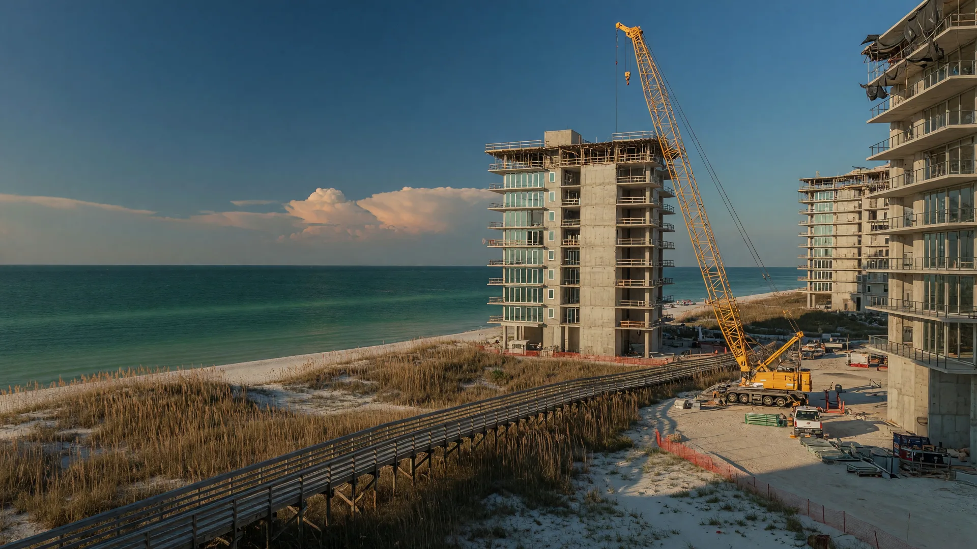 New beachfront condominium development under construction on the Alabama Gulf Coast with a tower crane above white sand dunes and calm emerald water in warm late-afternoon light