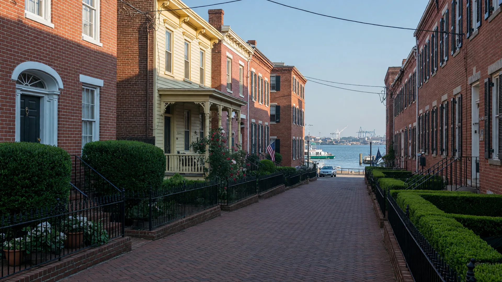 Historic brick and Victorian-era homes along a brick-paved street in Olde Towne Portsmouth with the riverfront in the distance