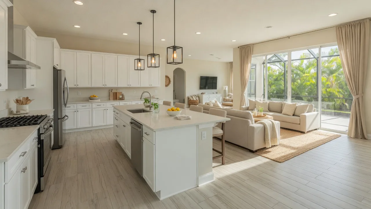 Bright open-concept kitchen and living area with white cabinetry, quartz countertops, stainless steel appliances, and wood-look tile flooring in a modern Florida home