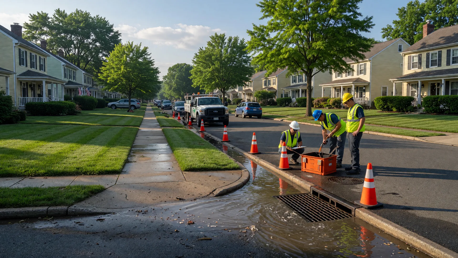 A residential street in Bloomfield NJ with a public works crew inspecting drainage infrastructure on a sunny summer morning with orange cones and well-maintained homes