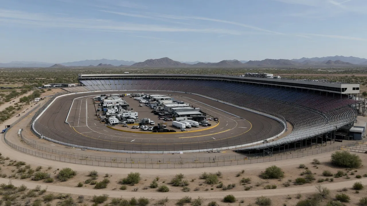 Phoenix Raceway oval and grandstands glowing at dusk in the Arizona desert near Avondale