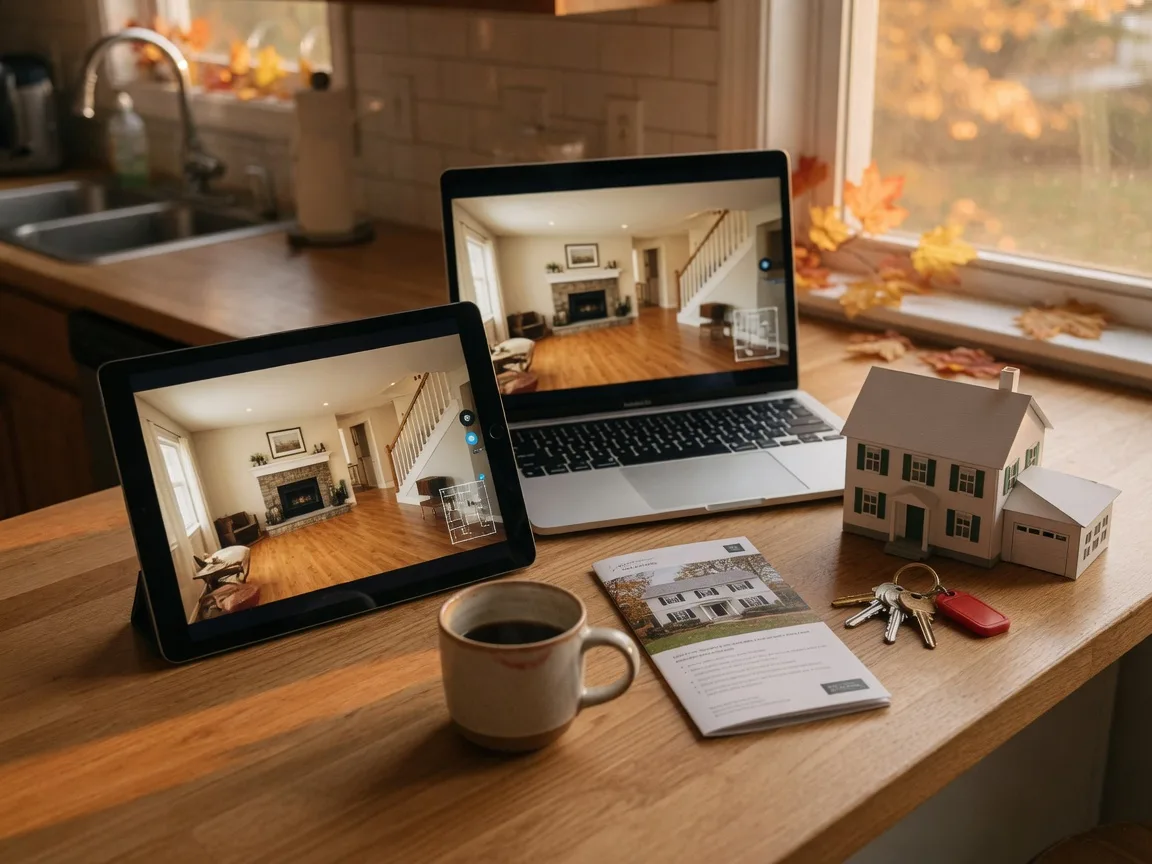 A tablet and laptop on a light oak counter showing a 3D home walkthrough beside a model house, brass keys, and a listing brochure in warm autumn light