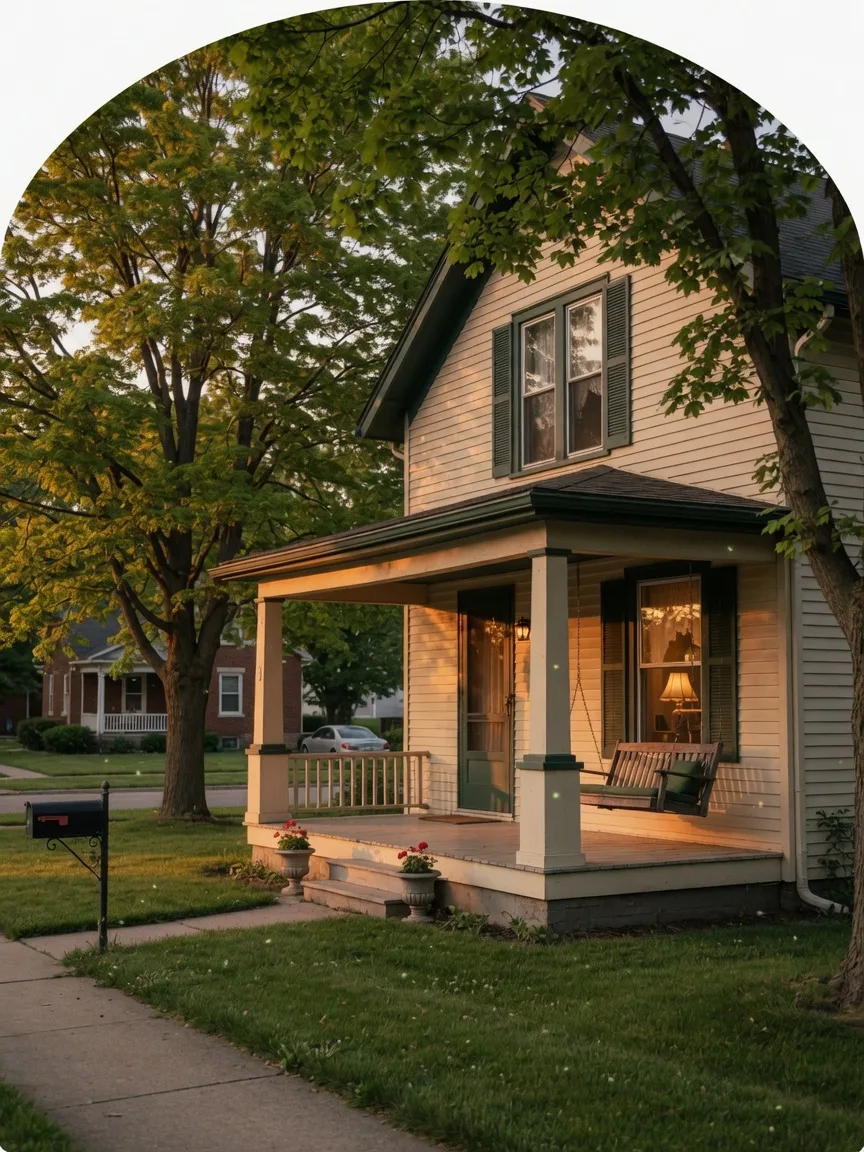 A cream craftsman bungalow with a covered front porch glowing warm at golden hour on a leafy Indiana street