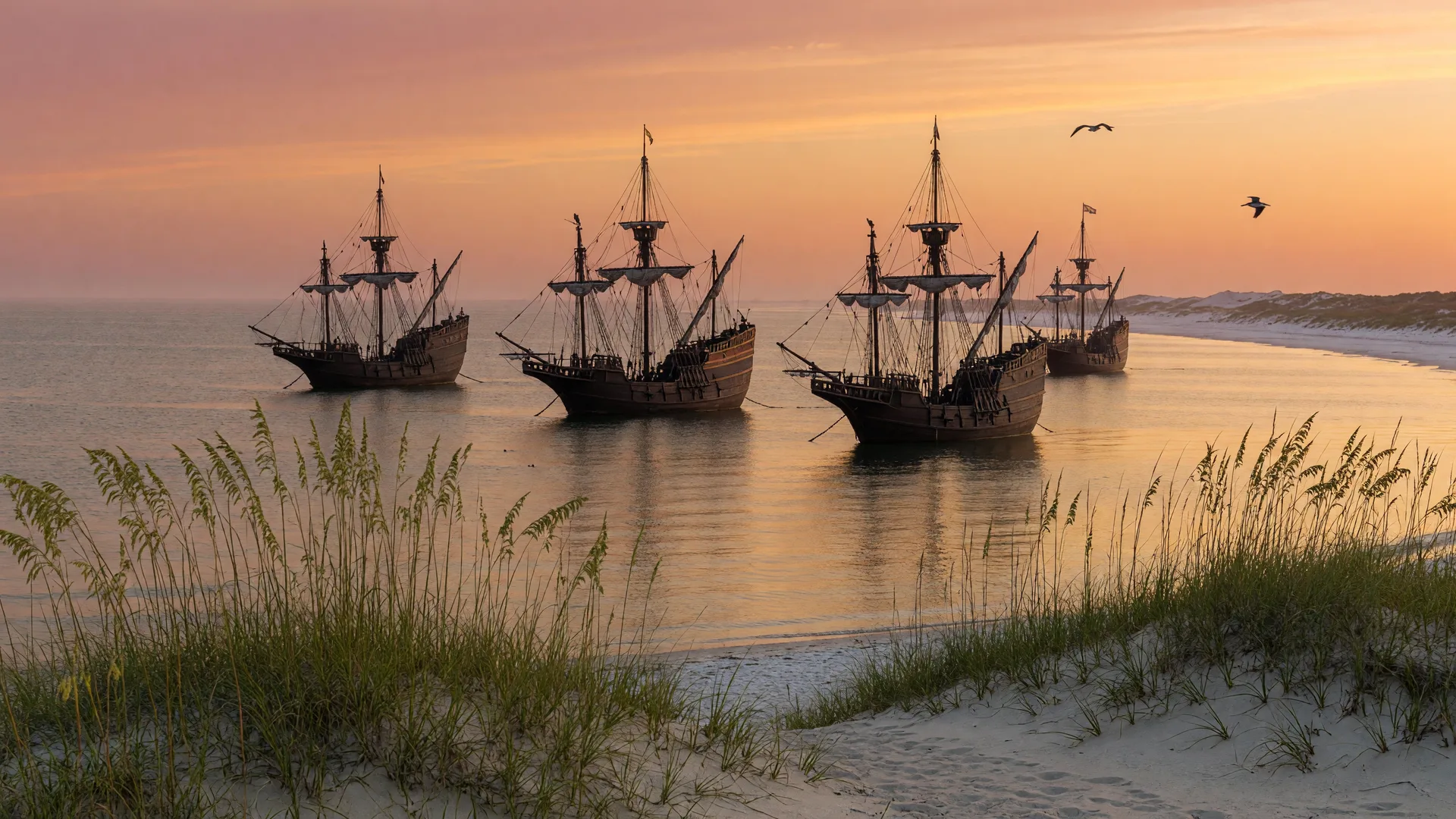 A fleet of early Spanish sailing galleons silhouetted at anchor in a wide bay at golden hour, seen from a low dune of sea oats, with calm reflective water and an amber and rose sky.
