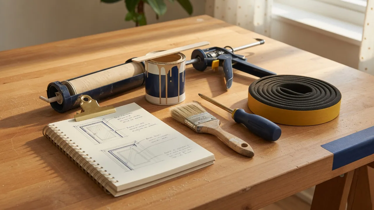 A warm DIY workspace on a wooden workbench with a paintbrush, paint can, screwdriver, weatherstripping, and caulking gun beside a how-to guide notebook