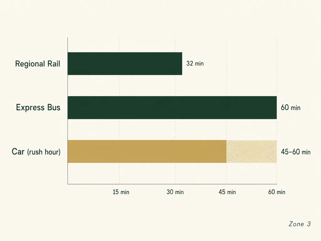A bar chart comparing typical weekday commute times from a Main Line suburb to Center City Philadelphia by regional rail, express bus, and car