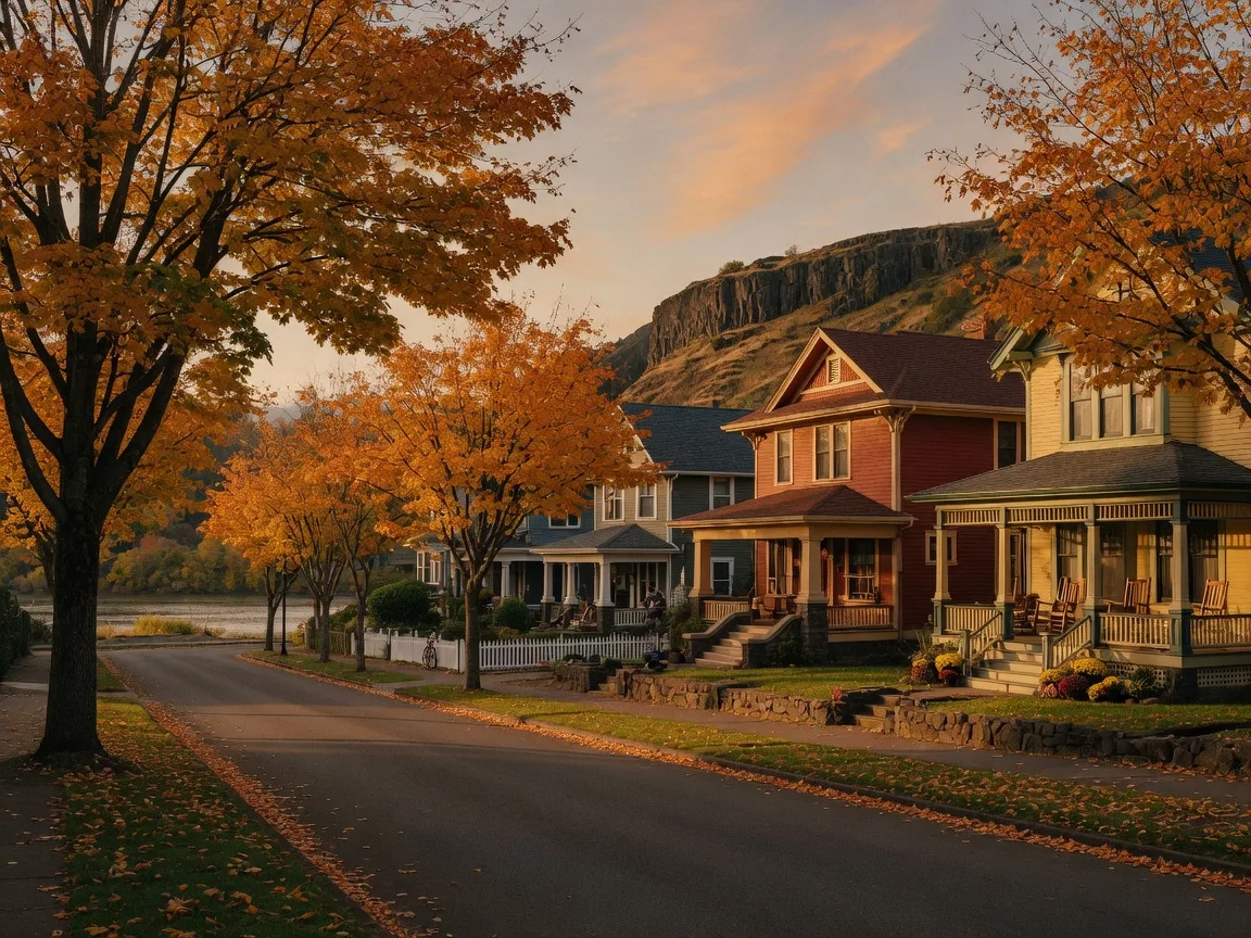 A tree-lined residential street in Oregon City's historic McLoughlin neighborhood with restored Victorian and craftsman homes at golden hour