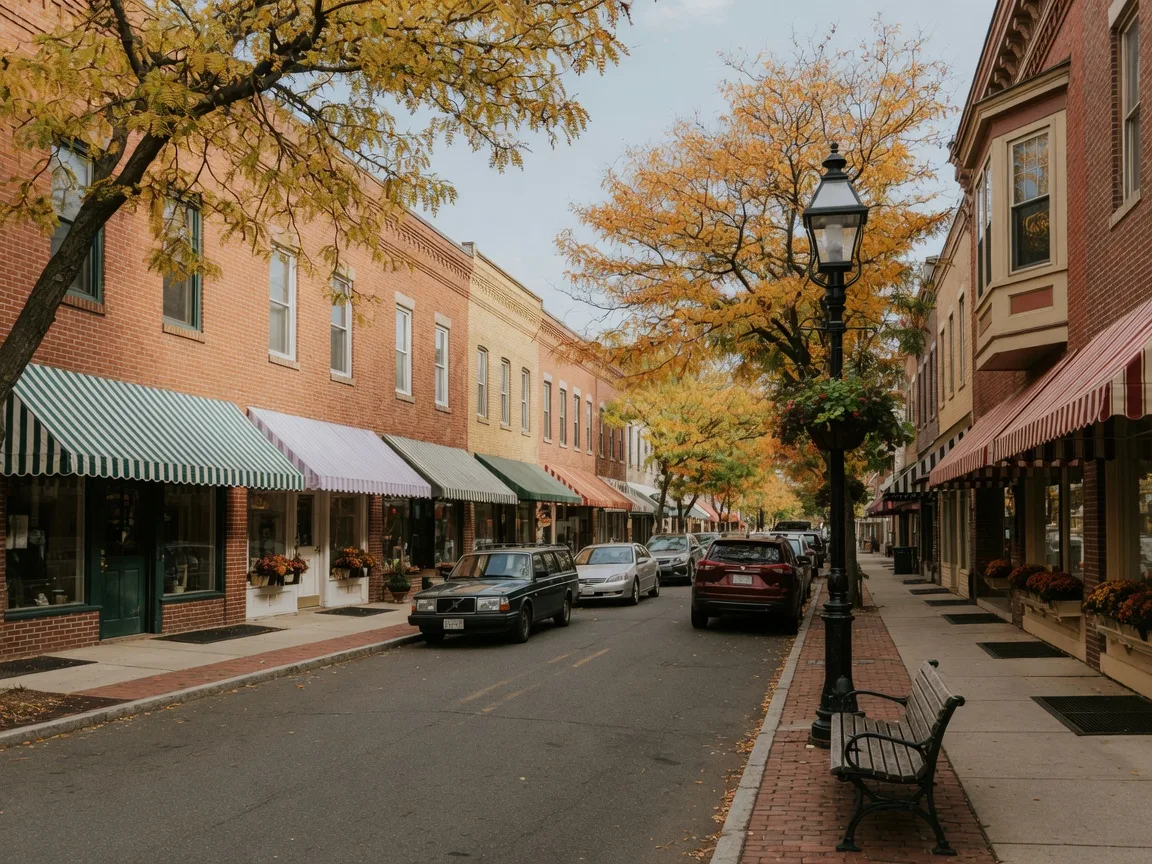 A charming historic downtown main street with brick storefronts, awnings, small shops, and trees in early fall color