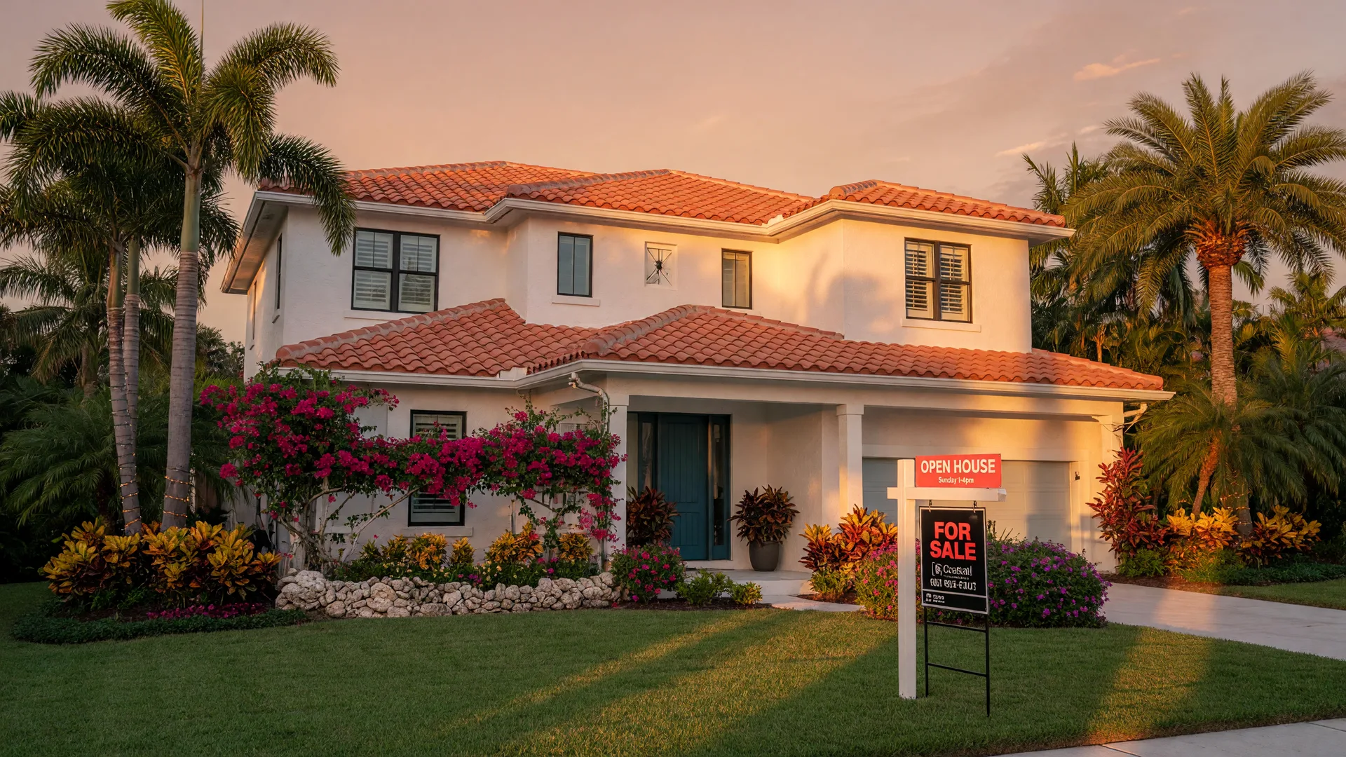 A modern Florida coastal home at golden hour with a For Sale sign in the front yard, terracotta roof tiles, and tropical landscaping with palm trees